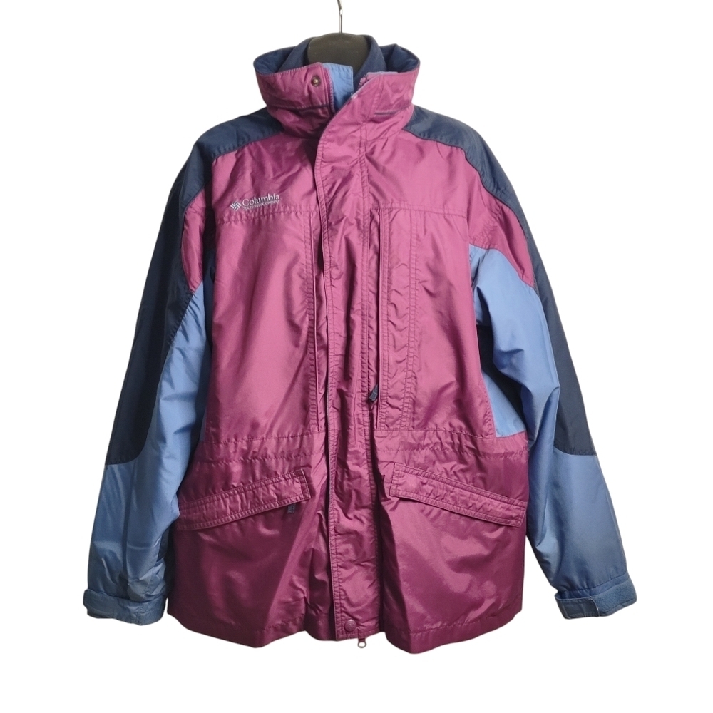 Columbia Mens Removable Fleece  Liner Jacket Burgundy Blue Hooded ZIP Size 18/20